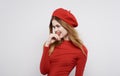 pretty woman red hat and dresses cosmetics home luxury model Royalty Free Stock Photo