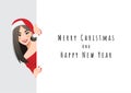 Pretty woman in red sweater dress and Santa Claus hat standing behind the white banner vector Royalty Free Stock Photo