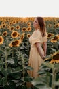 Pretty woman in retro dress posing in sunflowers field. Yellow colors, warm toning. Vintage timeless fashion, amazing Royalty Free Stock Photo