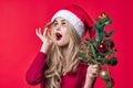 pretty woman in santa claus costume with christmas tree in hands tradition holiday  background Royalty Free Stock Photo