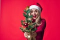 pretty woman in santa claus costume with christmas tree in hands tradition holiday isolated background Royalty Free Stock Photo