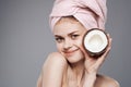 Pretty woman shower clean skin spa treatments with towel on head Royalty Free Stock Photo