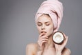 Pretty woman shower clean skin spa treatments with towel on head Royalty Free Stock Photo