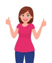 Pretty woman showing thumps up sign or gesture. Girl raising hand and showing deal, approve, agreement, positive gesture or sign. Royalty Free Stock Photo