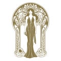 Pretty Woman Silhouette Surrounded By Vintage Flowers In Art Nouveau Style. Vector Gold Beautiful Woman Silhouette On White
