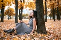 Pretty woman is sitting in autumn park near big tree. Beautiful landscape at fall season Royalty Free Stock Photo