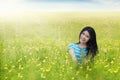 Pretty woman sitting on blossom meadow Royalty Free Stock Photo