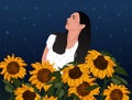 A pretty woman with sunflowers and night stars sky. A flat modern vector illustration for posters, magazine covers, books