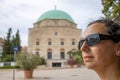 Pretty woman with sunglasses in Hungarian city Pecs Royalty Free Stock Photo
