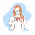 Pretty woman wearing medical mask and gesture fingers like heart.