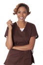 Pretty woman wearing scrubs smiles and laughs. Royalty Free Stock Photo