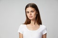 Pretty woman white t-shirt close-up glamor