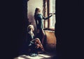 Pretty women in green dresses near old window. Retro fashion models standing near vintage stony wall.