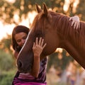 Pretty women is hugging and kissing her handsome horse
