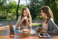 Pretty women sitting outdoors in park drinking coffee using laptop Royalty Free Stock Photo