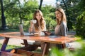 Pretty women sitting outdoors in park drinking coffee using laptop Royalty Free Stock Photo