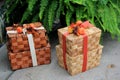 Pretty wood picnic baskets wrapped with holiday ribbons