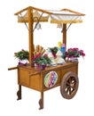 Pretty wooden portable traditional italian picturesque ice cream cart with umbrella on white background for easy selection
