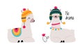 Pretty Wooly Llama or Alpaca Wearing Knitted Hat and Blanket Sitting Vector Set