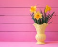 Pretty Yellow Daffodils in Bloom in Spring in Vintage Vase on Bright Pink Wood Board Background with room or space for copy, text Royalty Free Stock Photo