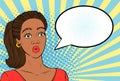 Pretty young African American woman shocked face with starry eyes and empty text cloud for your message, hand drawn vector illustr