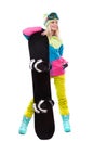 Pretty young blonde woman in colorful snow coat hold snowboard Royalty Free Stock Photo