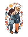 A pretty young couple in love in full height, in casual, sports clothes. cartoon style drawing, sticker Royalty Free Stock Photo