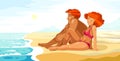 Pretty young couple on sea shore beach calm relaxing and rest looking to the sea.