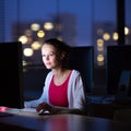 Pretty, young female college student using a desktop computer/pc in a college library (shallow DOF; color toned image) Royalty Free Stock Photo