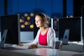 Pretty, young female college student using a desktop computer/pc in a college library (shallow DOF; color toned image) Royalty Free Stock Photo