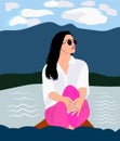 Pretty young girl on the beach with boat illustration portrait drawing vector artwork