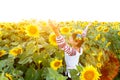 Pretty young girl in embrodery on a sunflower plant Royalty Free Stock Photo