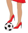 Pretty young girl holds soccer ball under shoe heel. Hand drawn color sketch. Conceptual vector illustration women in