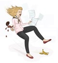 Pretty young girl with hot coffee and documents in hands slipped on a banana peel and falling down in the office. Cartoon vector