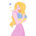 A pretty young girl hugs the blue and yellow heart of Ukraine. Vector isolated design with cute peaceful woman in pink