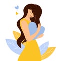 A pretty young girl hugs the blue and yellow heart of Ukraine. Vector isolated design with cute peaceful woman. Template