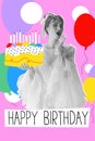 Pretty young girl, medieval princess, royal person holing cake, celebrating birthday. Creative design. Poster