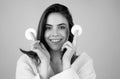 Pretty young girl with daily morning skincare procedures, cleansing face skin with natural lotion tonic using cotton Royalty Free Stock Photo