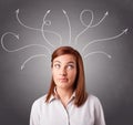 Young girl thinking with arrows overhead