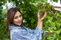 Pretty young girl in the vineyard, pretty young girl in the garden, young girl with grapes Royalty Free Stock Photo