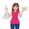 Pretty young girl, woman or female holding/showing money, cash or bunch of currency notes and bag with dollar sign. Modern.