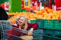 Pretty young hipster woman sitting in a supermarket trolley at the supermarket Royalty Free Stock Photo