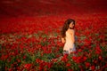 Beautiful and sexy long haired brunette woman stands in white dress in the middle of red flowery field. Royalty Free Stock Photo