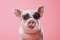 Pig wearing sunglasses isolated on solid pink background. Generative AI Royalty Free Stock Photo