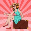 Pretty Young Pop Art Woman Traveler Hitchhiking Sitting on Suitcase