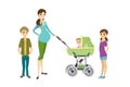 Pretty young pregnant woman with a pram and children