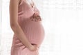 Pretty young pregnant woman standing by the window in home Royalty Free Stock Photo