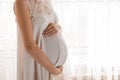 Pretty young pregnant woman standing by the window in home Royalty Free Stock Photo