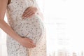 Pretty young pregnant woman standing by the window in home Royalty Free Stock Photo