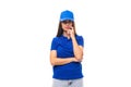 pretty young promoter woman in blue cotton t-shirt and cap